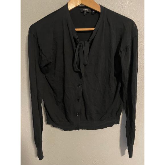 Theory Neck Tie Cardigan Sweater Womens Medium Black Silk Cotton Blend Cropped - Picture 1 of 7